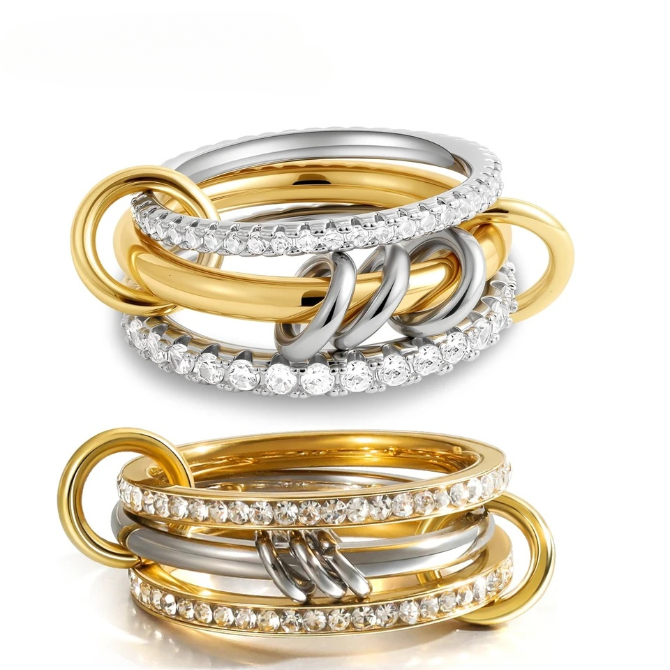 New Stainless Steel Cubic Zirconia Stackable Rings For Women K Goldplating Multi Link Connected Statement Ring Stack Jewelry