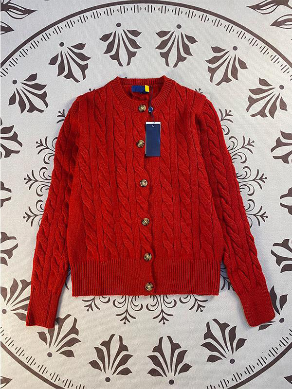 RL Rafe Little Pony Thick Round Neck Embroidered Knit Sweater Plaid Cardigan Women's Blazer Short Sleeve Fall/Winter Coat Women's Casual S