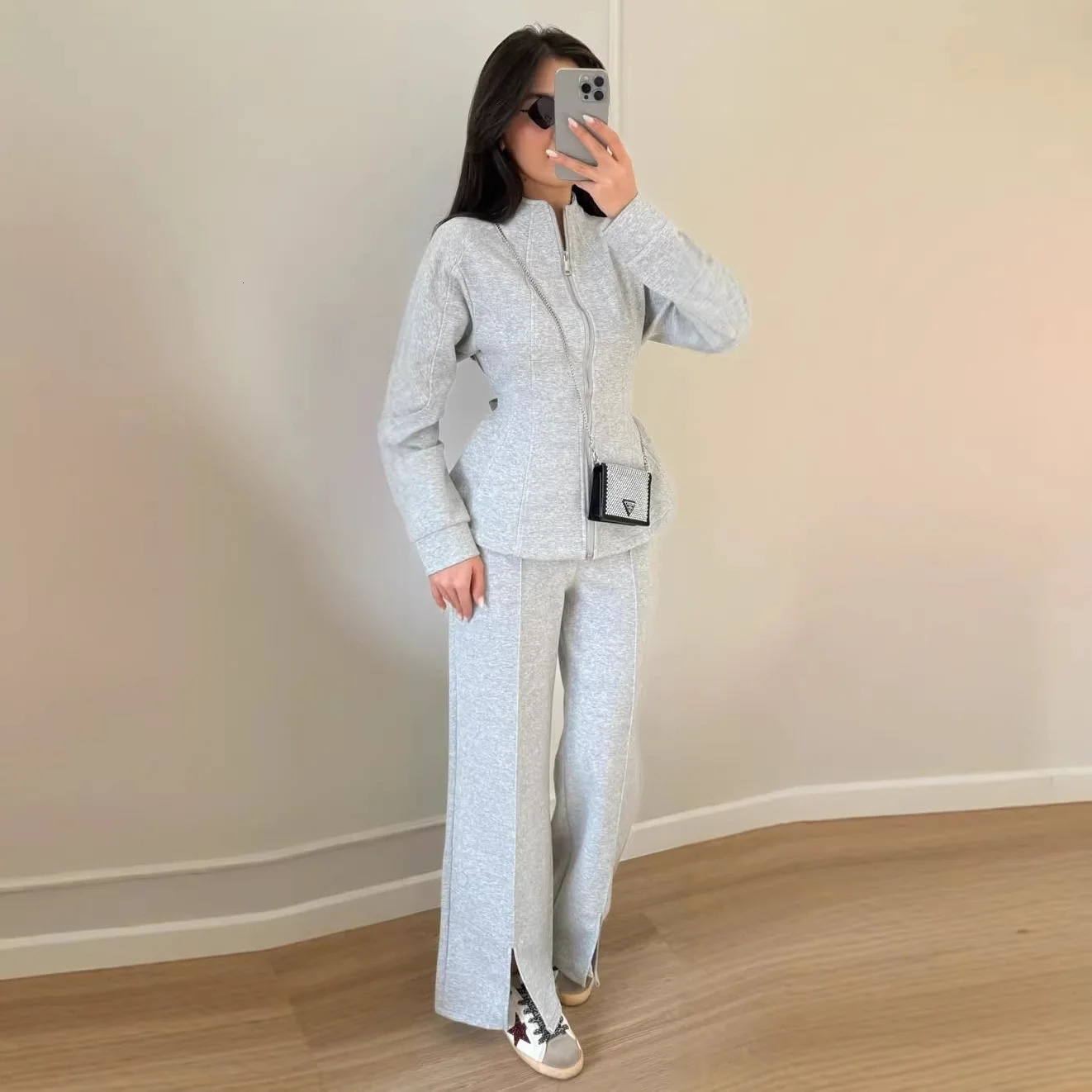 Women's Matching Sets 2026 Lingerie Sexy Casual Stand Up Collar Zipper Long Sleeve Waist Trend Pants Tracksuit 260907
