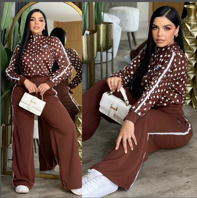 Casual women's polka dot Tracksuits embroidered short jacket wide leg pants two-piece set autumn Lady jogging Suits Outfits