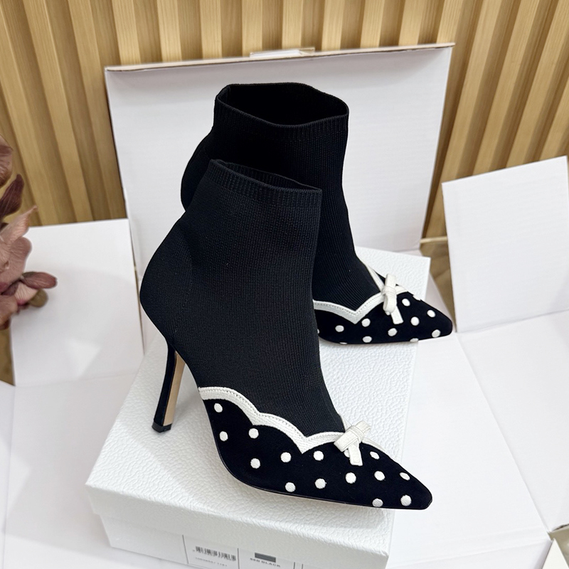 Autumn and winter French sweet and cool style retro black and white polka dot elastic knitted socks boots for women, ultra-fine high heels, bow poin