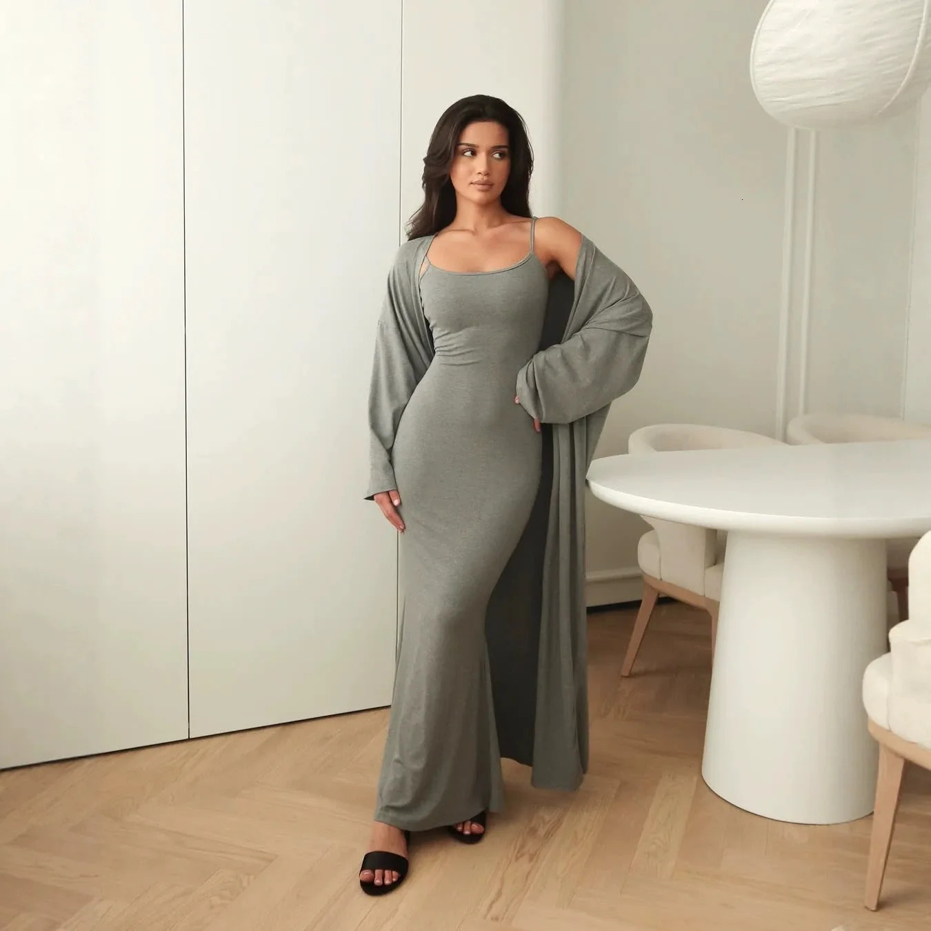 Women 2 Piece Sets Dress Set Full Sleeve Cardigan Long Sling Dresses A Line Slim Fit Y2k Streetwear Elegant Casual Loungewear 260905