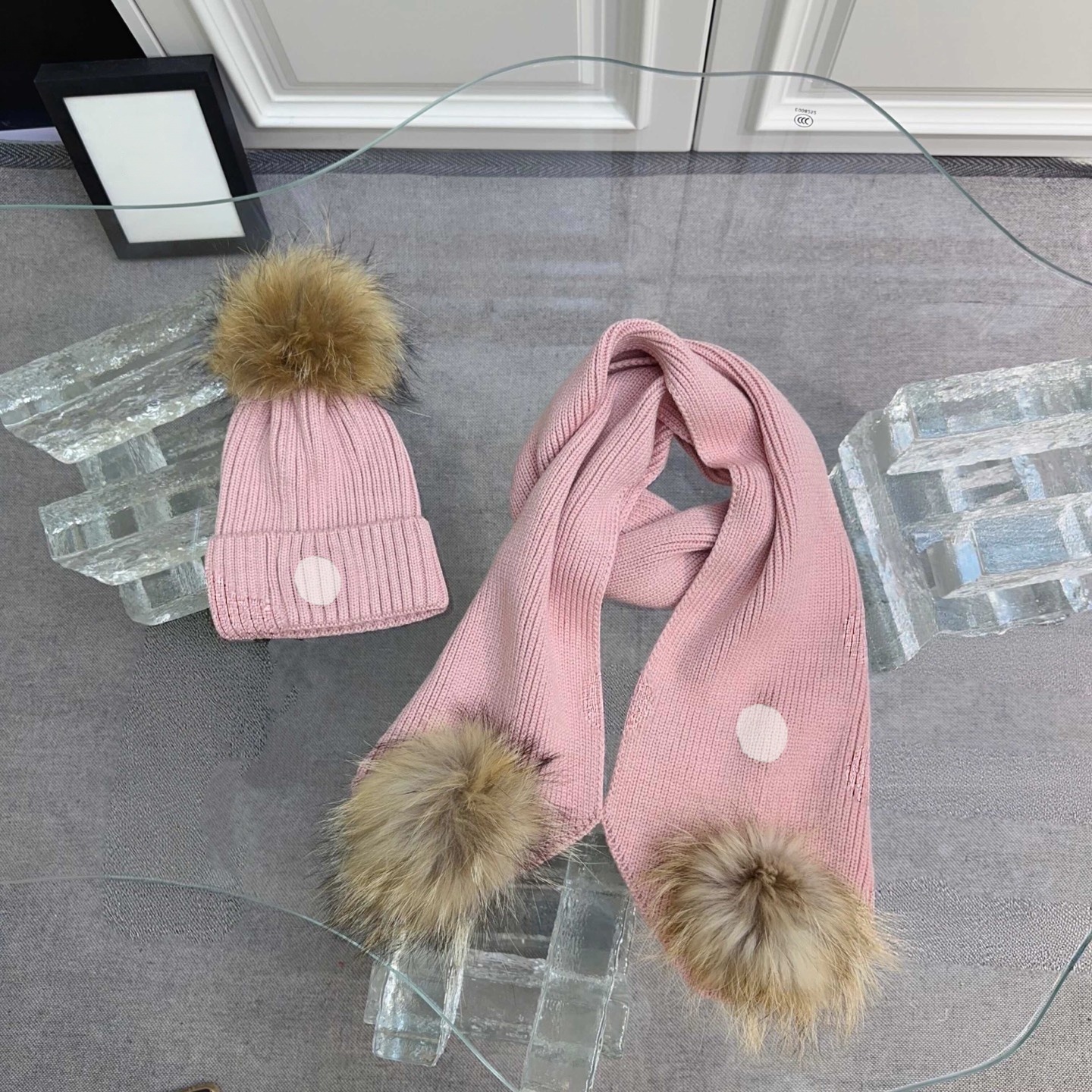 Fashion designer children's winter knitted hat scarf 2-piece set M embroidery logo big wool ball outdoor windproof solid color warm boy and gir