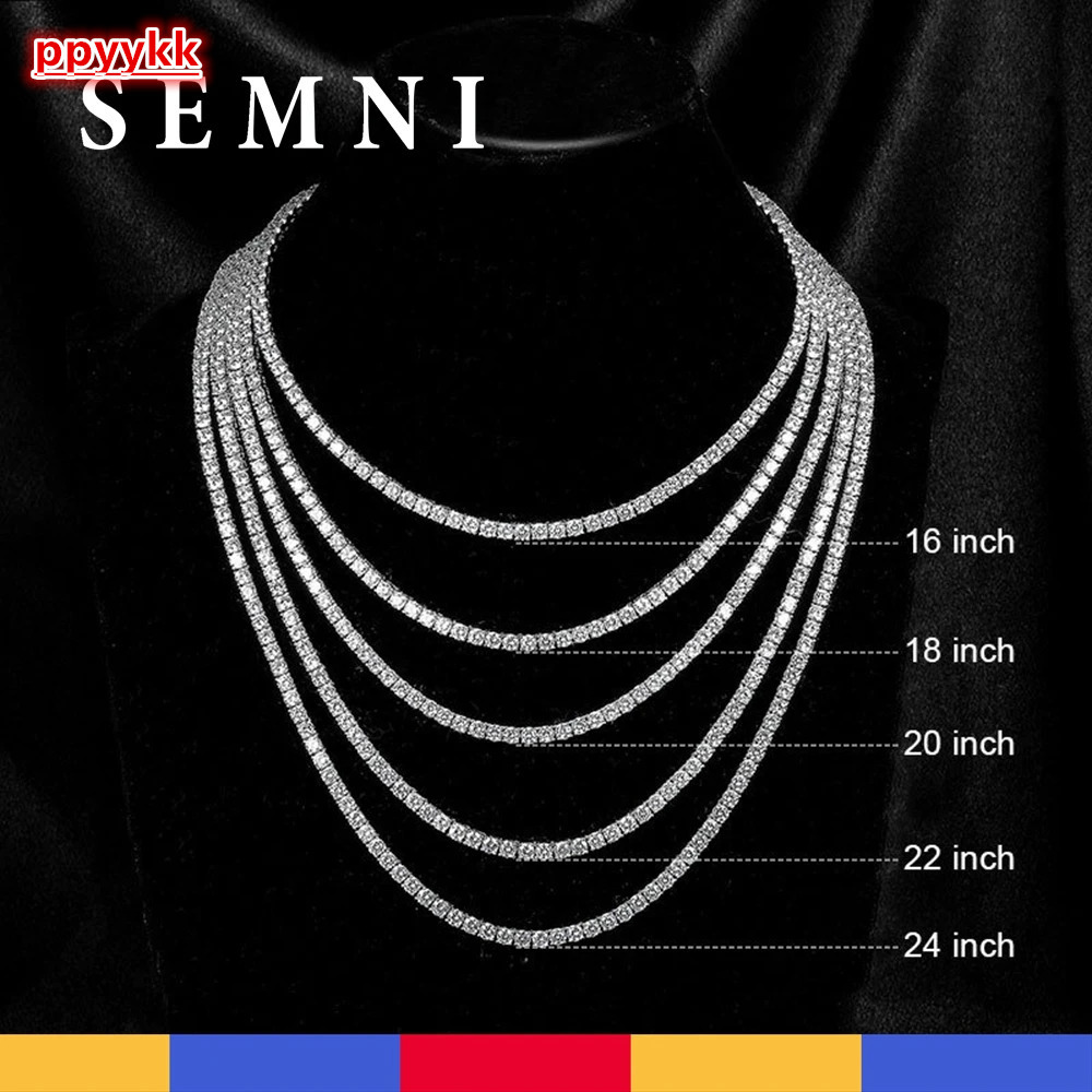 SEMNI 3mm 4mm 5mm Moissanite Diamond Tennis Necklace for Women Men 925 Sterling Silver Luxury Fine Jewelry Sparkling Diamond