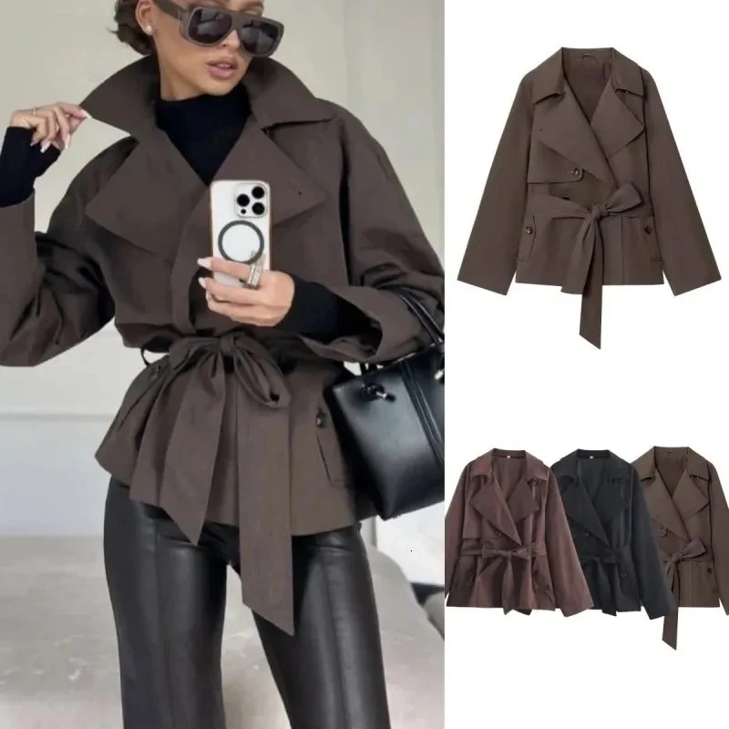 Vneck Belt Trench Coat Women Lace Up Full Sleeve Button Short Thin Windbreak 2026 Lady Fashion Daily Street Outerwear 260908