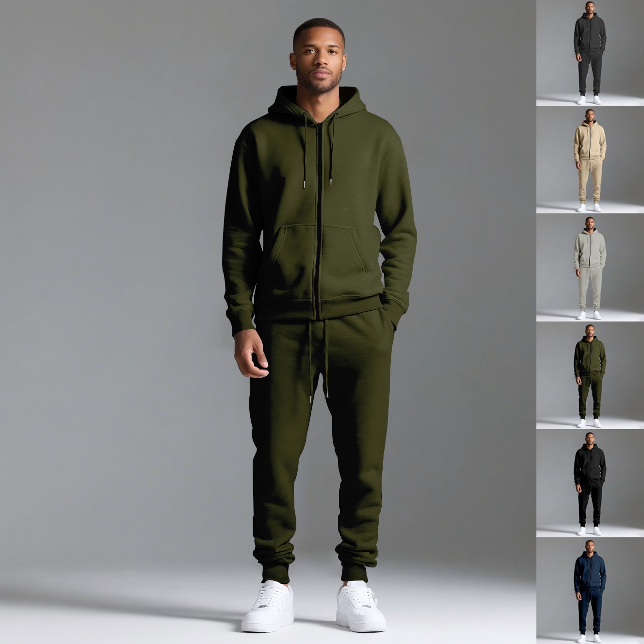 Winter and autumn men's hooded sports outfit with fleece-lined zipper pullover jacket and sports pants set of 2 pieces