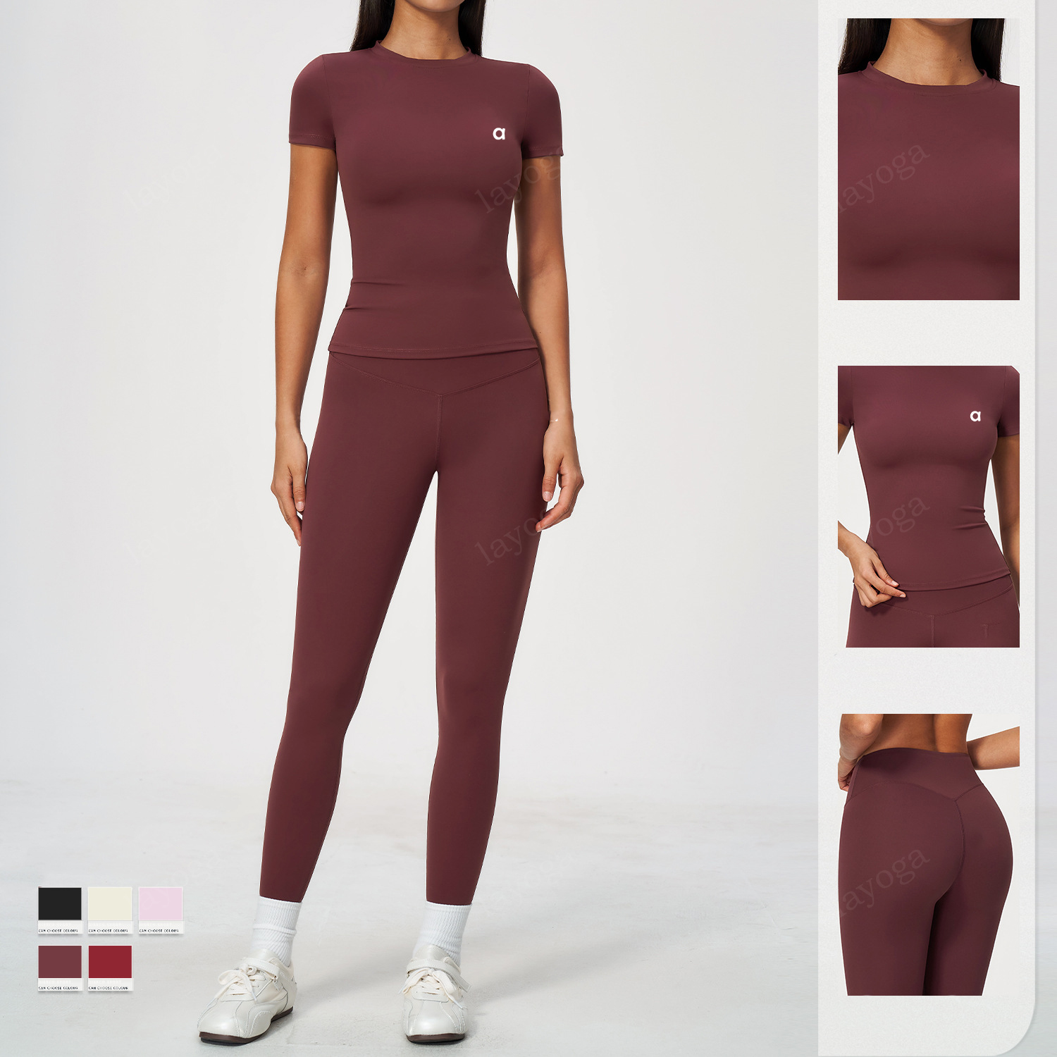 Solid Color Women Yoga Set Quick Dry Short Sleeve Fitness Top Cover Up Outdoor Sports Tee High Stretch 3D High Waist Butt Lifting Yoga Pants Pilates