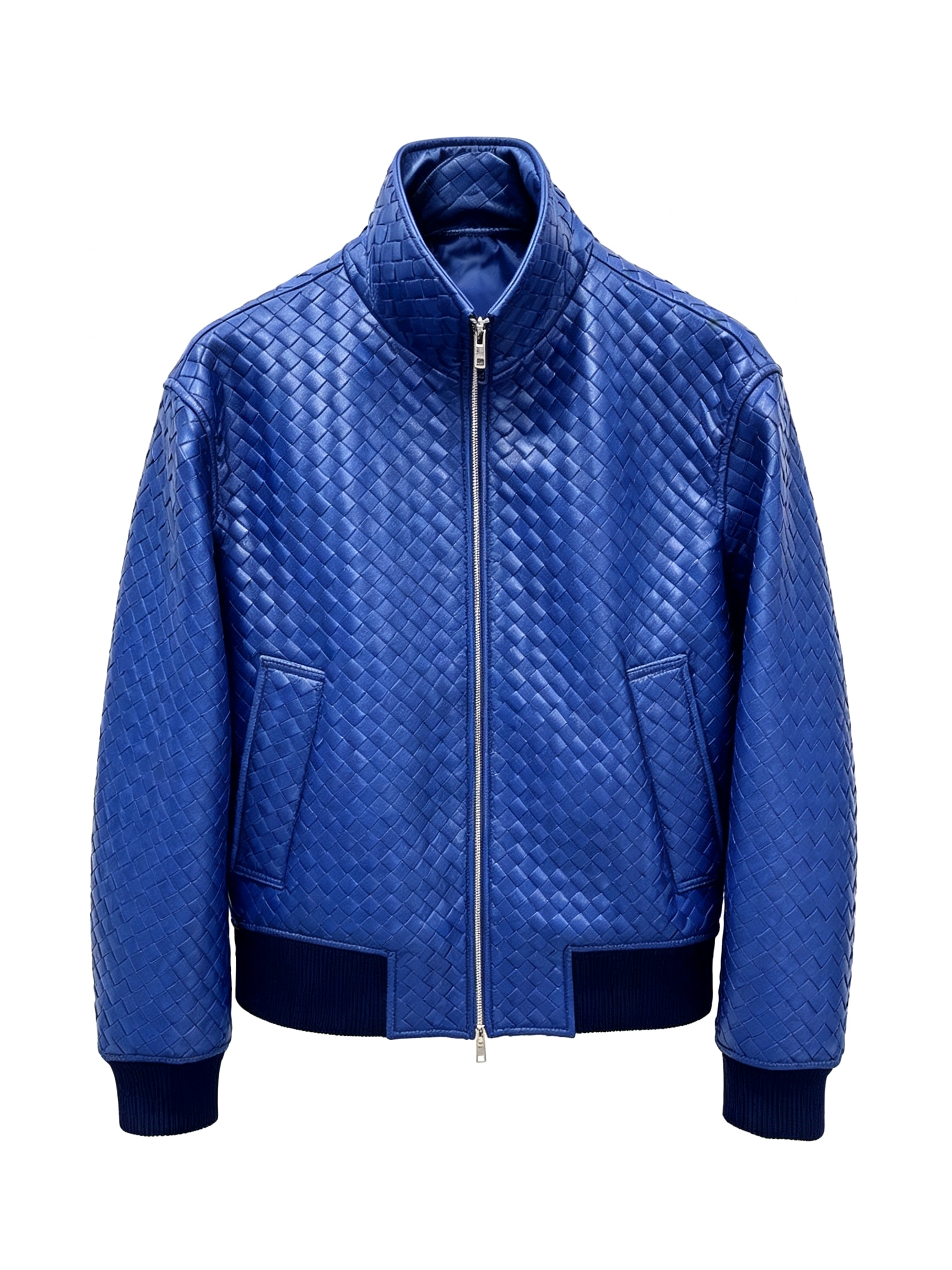 Top Designer Woven Leather Bomber Jacket Unisex Luxury Hand Weave Stand Collar Zipper Outerwear Fashion Streetwear Coat