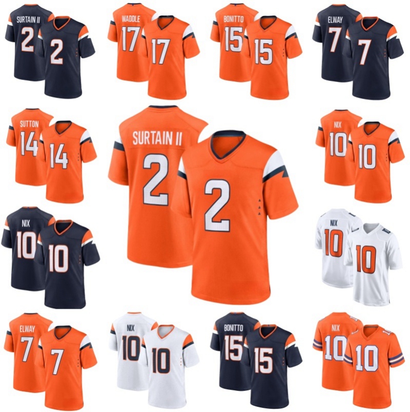 High Quality 15 Bo Nix Patrick Surtain II 10 Football Jerseys Jaylen Waddle Barron Sutton Bonitto Talanoa Hufanga Elway Manning Stidham Jersey