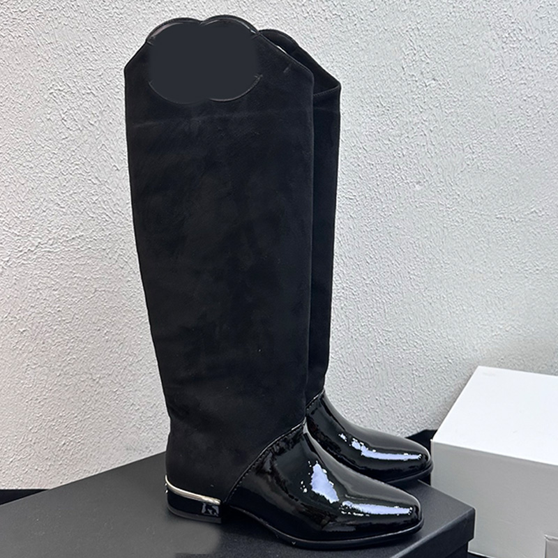 Designer Womens High Boots Personalized Design Suede Splicing Black Patent Leather Shoes Upper Knight Boots Womans fashionable Outdoor Wearing Boots