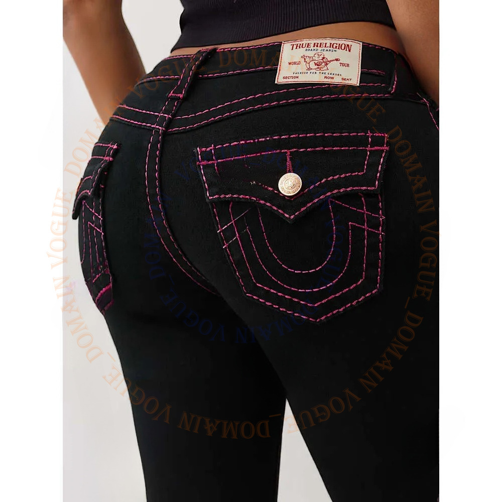 Brand logo trues religion jeans womens designer Retro Flare Denim Jeans Blue Wash Heavy Red Contrast Stitching Button Pockets Classic Vacation Denim