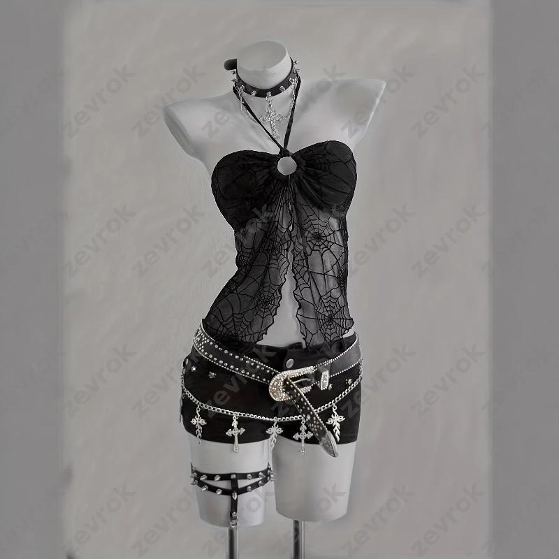 Débardeur en dentelle pour femmes, gothique foncé, Punk, toile d'araignée, noir, épaules dénudées, coupe cintrée, court, Streetwear, Goth Clubwea