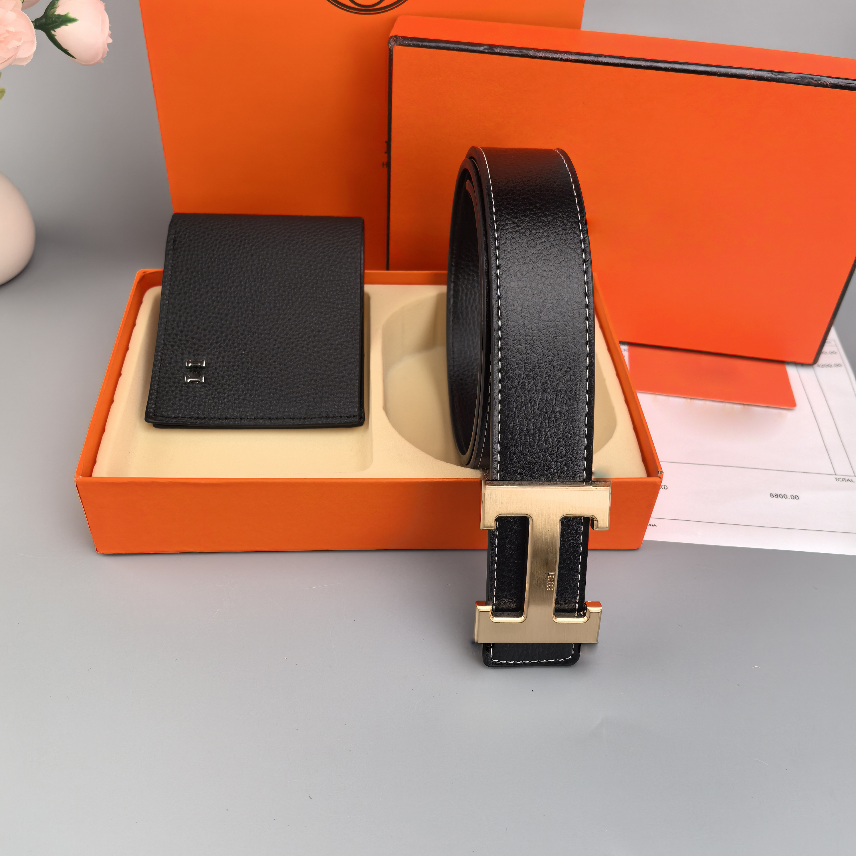 Fashion designer belt men's business belt women's belt set wearing designer wallet card bag H smooth buckle boutique gift box