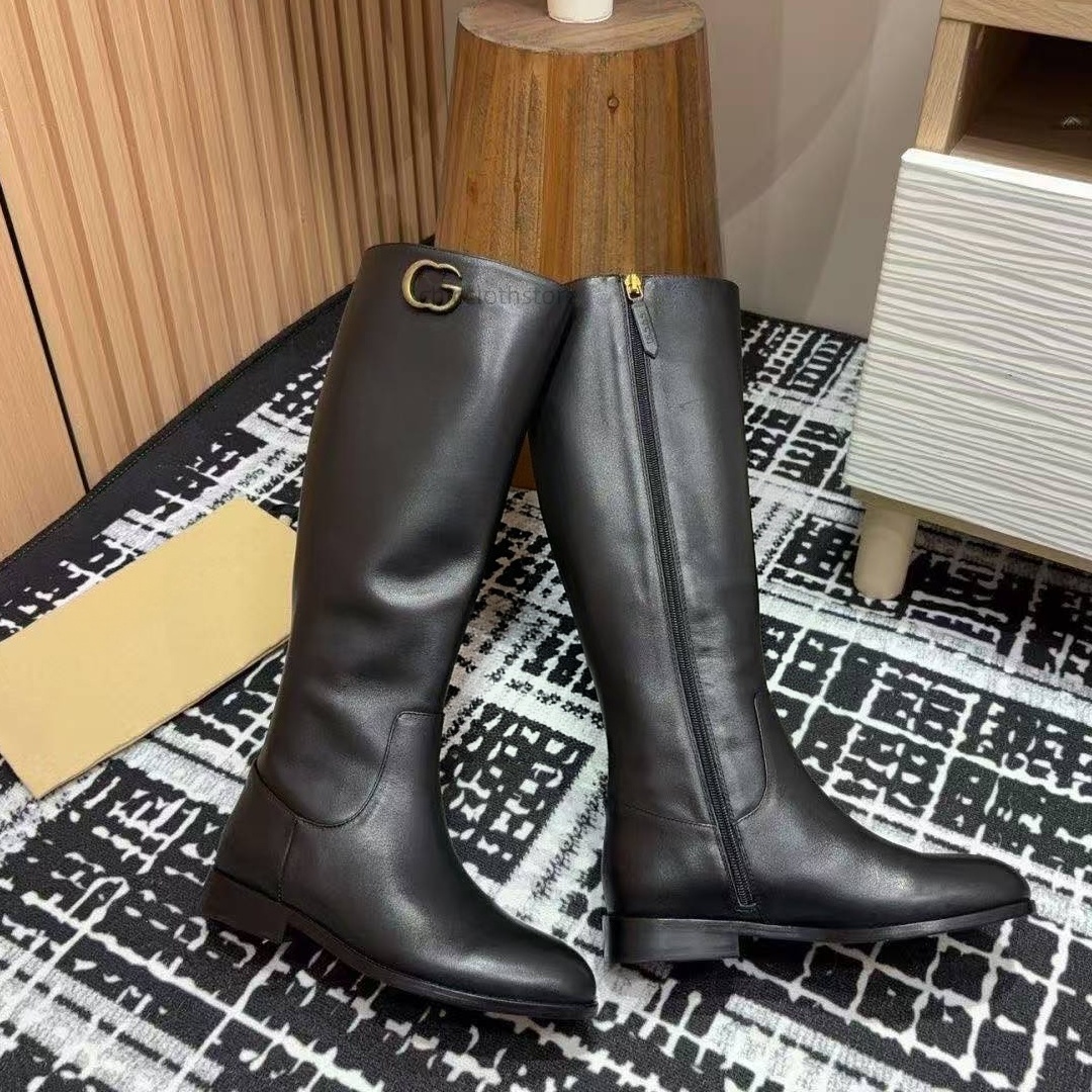 Designer boots Women Fashion Black Genuine Leather Knee High Riding Boots Buckle Side Zipper Flat Tall Boots