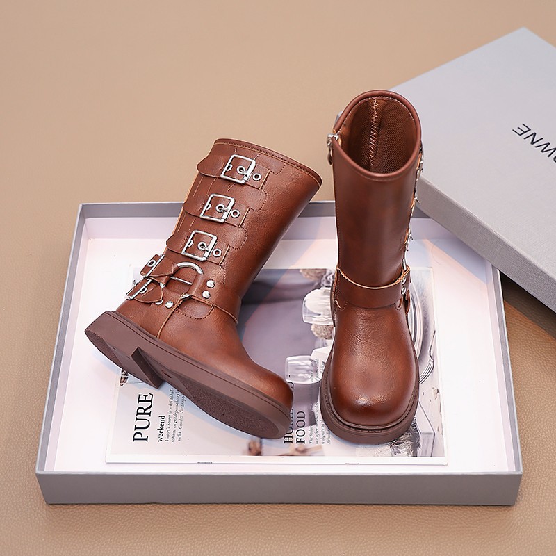 Free shipping luxury Childrens Boots Long boots brown cowboy boots soft leather thick soled Martin boots anti slip long boots