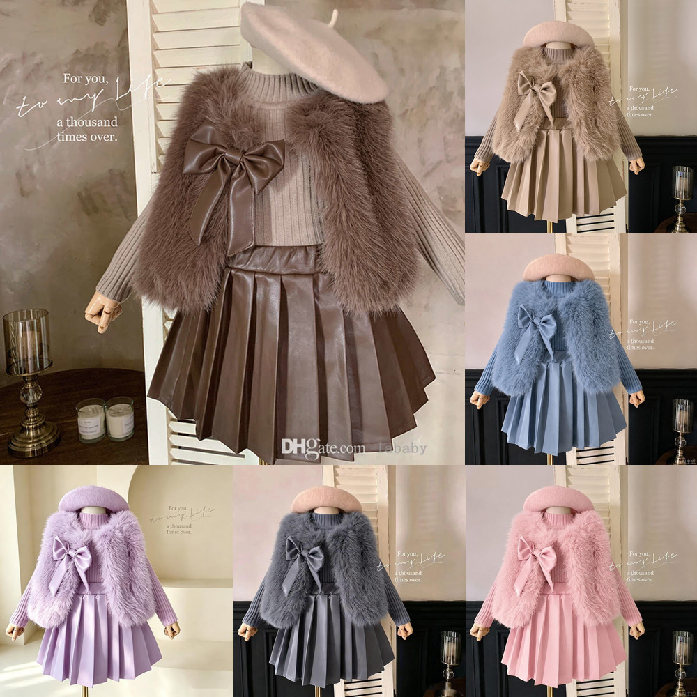 Ensemble de vêtements pour bébé fille, jupe, nœud, robes de princesse, tricot, manches longues, pull en fourrure, manteau, ligne A, robe plissée