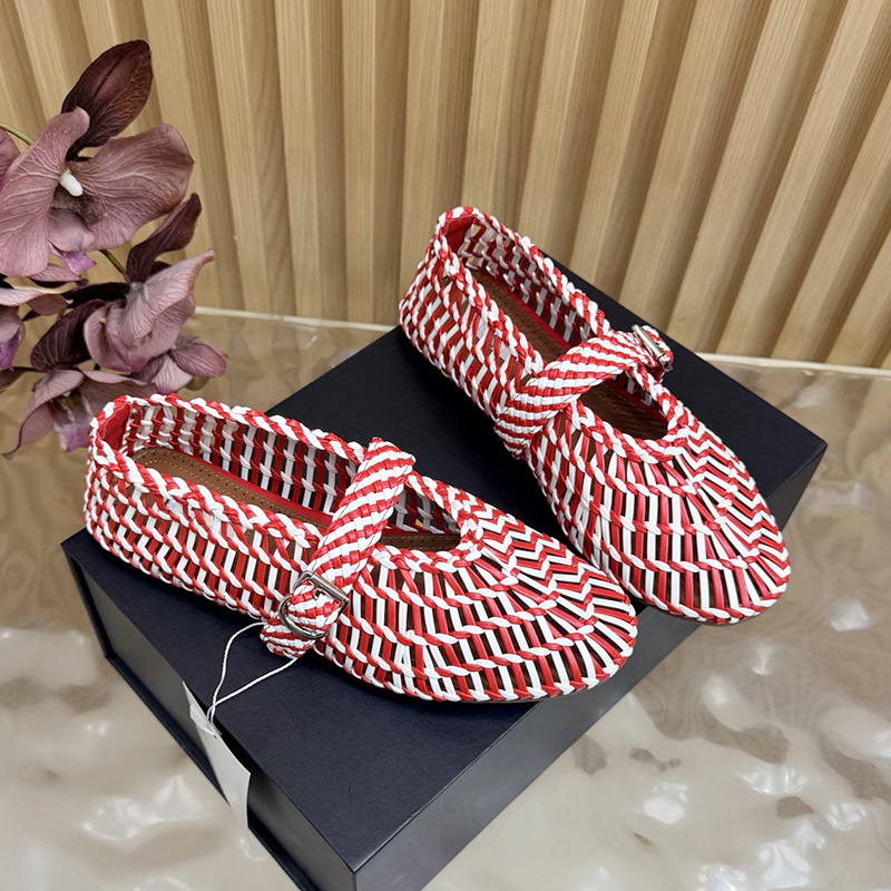 26 été nouveau respirant couleur contrastée tissé à la main tête ronde un bouton Mary Jane chaussures ballerines plates femmes français campagne