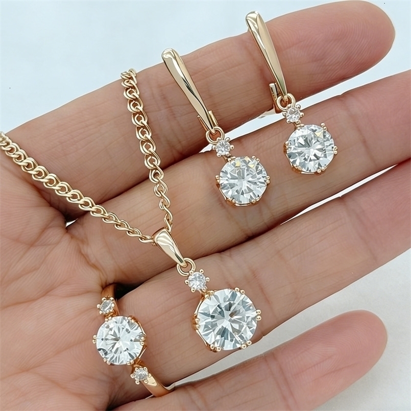 Kinel Shiny White Natural Zircon Jewelry Sets for Women Fashion 585 Rose Gold Color Ring Earring Necklace Daily Fine 260831