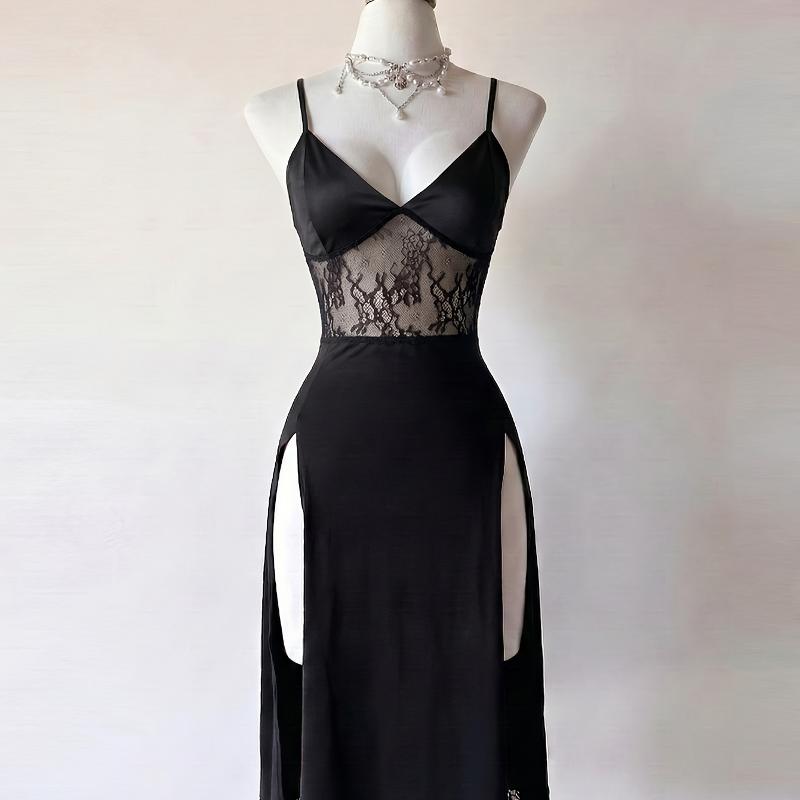 Robe mi-longue gothique dos nu pour femme, décolleté en V profond, fente haute, moulante, sans manches, dos nu, robe de soirée en dentelle, robe