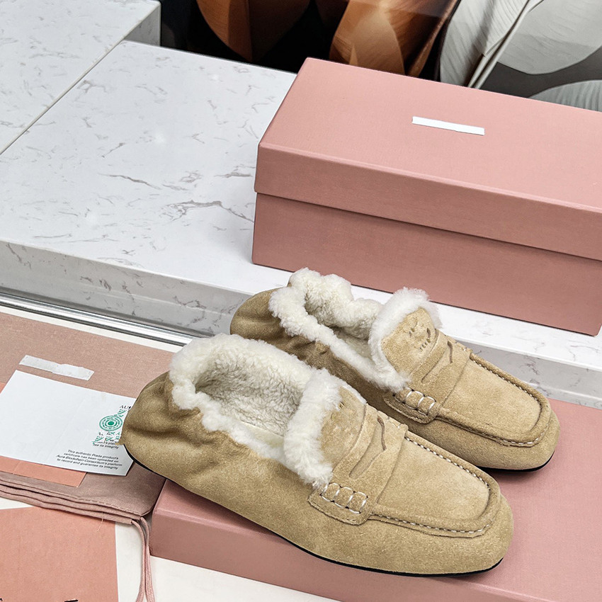 Slip On Designer Luxury Shoe Ladies Fur Moccasin Loafer Boat Flat Suede Winter Warm Lace Up Teddy Plush Casual Driving Soft Indoor Outdoor Everyday