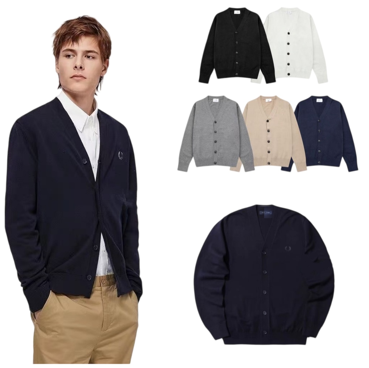 UK FP Designer Embroidery Logo Laurel Wreath Men V-neck Cardigan Casual Loose Sweaters Soft Warm Knitted Thin Jacket Youth Teenager Juniors Boys Dai