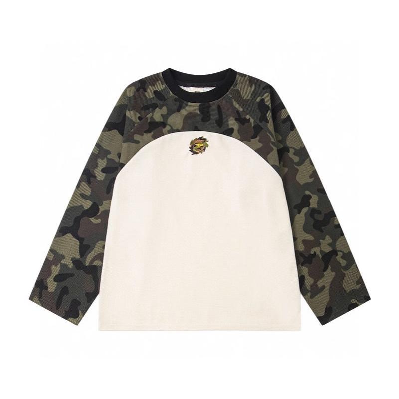 Unisex Raglan Long Sleeve Top Camo Splicing Design Crew Neck Small Embroidery Logo Loose Silhouette Fashion Casual Pullover For Daily Street Style O