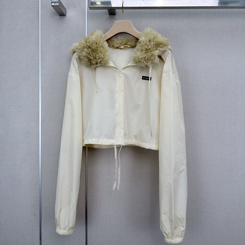 Luxury Women Fur Hooded Cropped Jacket Brand Letter Patch Zip Up Long Sleeve Windbreaker Spring Autumn Street Style Outerwear