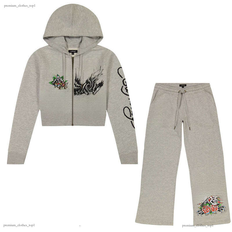 Ed Hardey Black Crop Top Hoodie Zip Up Rhinestone Tattoo Graphic Red Script Logo Y2k Vintage Streetwear Ed Hard Sweatshirt Casual Set Retro Fitted H