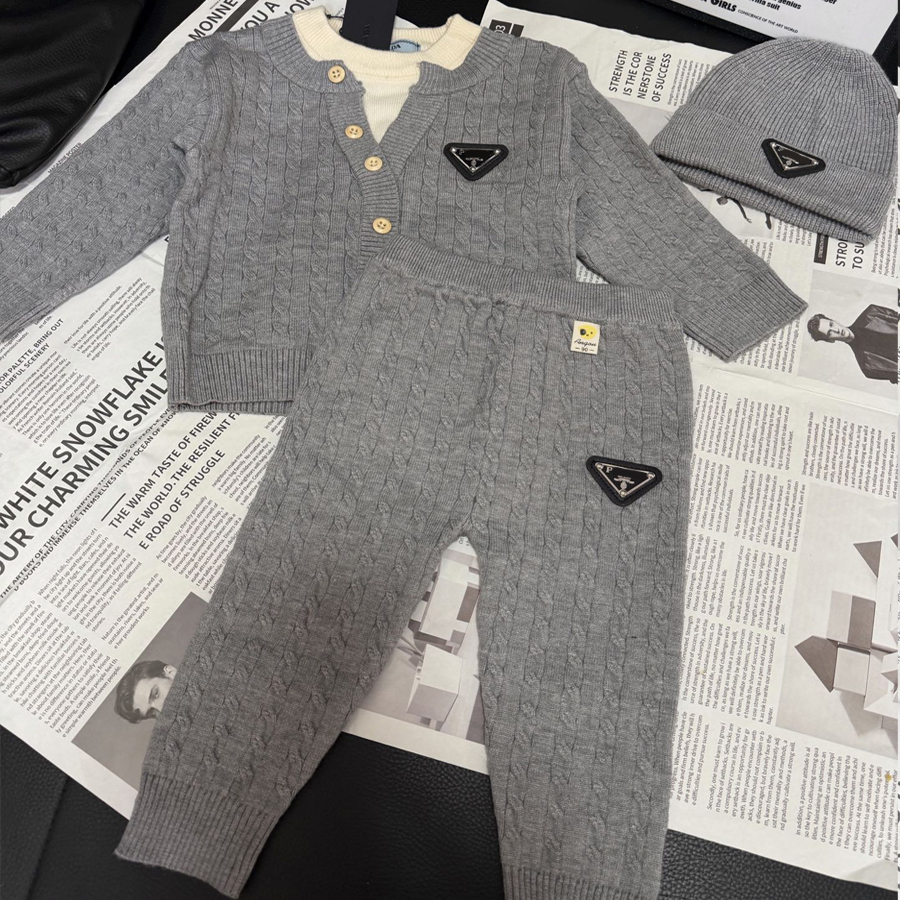 Designer Toddler Clothes Baby Knit Sweater Set with Hat 3Pcs Infant Knitted Cardigan Pants Beanie Outfit Size 73 - 120CM