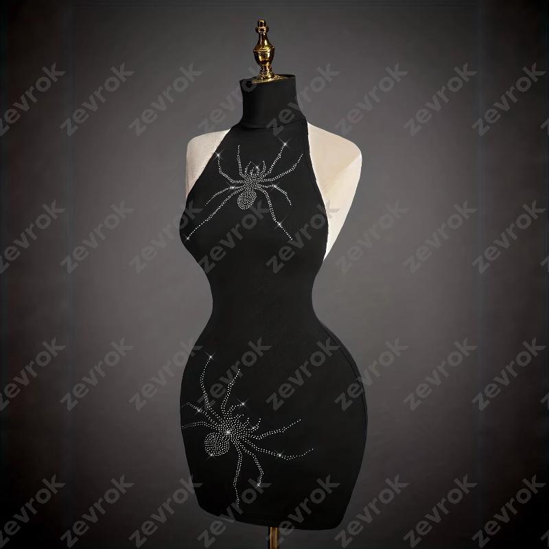 Mini robe moulante noire à strass, col licou, tenue de soirée gothique foncée, Clubwear, Sexy, Slim, courte pour femmes, Streetwear Y2K