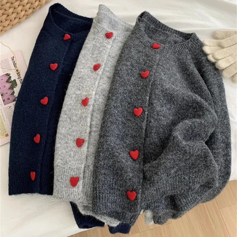 Deep Grey Wool Knitted Cardigan for Women Autumn Winter Soft and Sticky Warm Love Buckle Shoulder Sleeves 260911