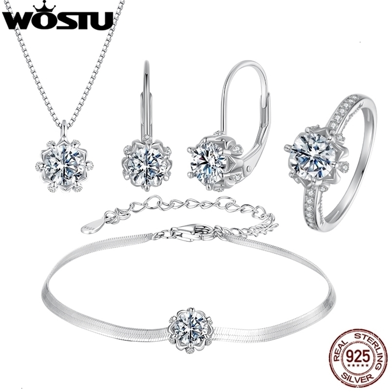 WOSTU Wedding Jewelry 4 Set For Women 925 Sterling Silver Romantic Flower Enegagement Necklace Bracelet Earring Ring 260831