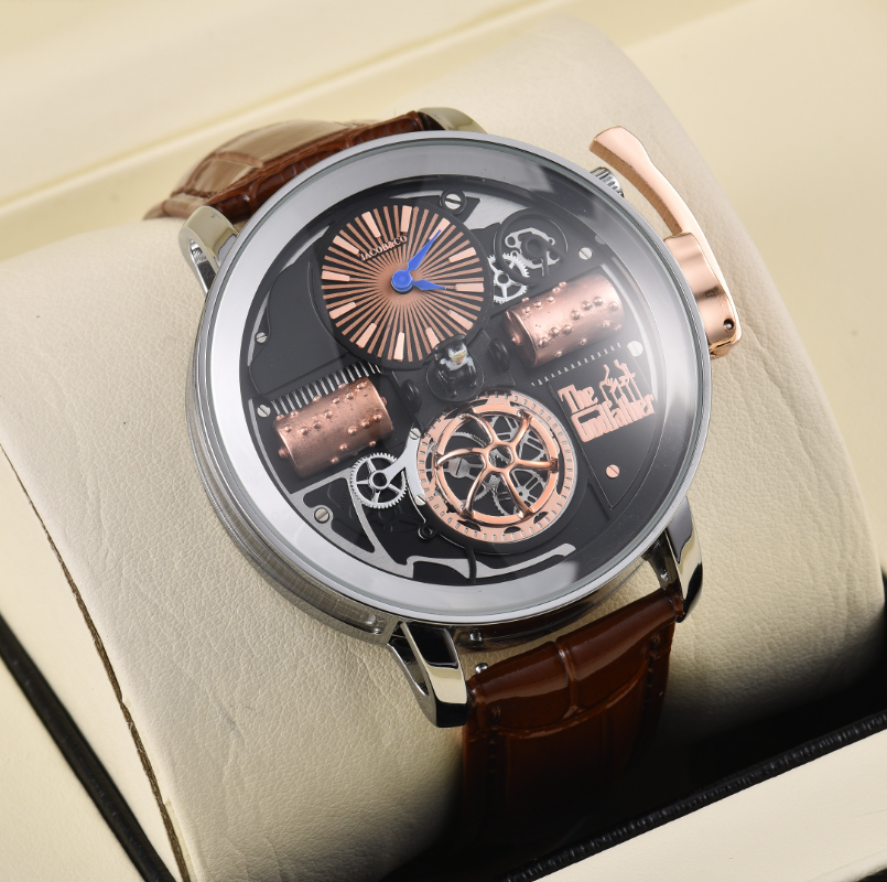 Modieus Tsjechisch luipaard steampunk herenhorloge met grote wijzerplaat en retro peetvaderinspiratie, zakelijk feesthorloge voor heren, lederen ban