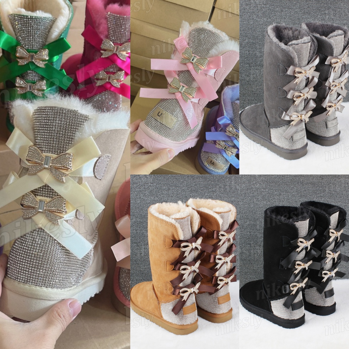 Women Bling Rhinestone Winter Boots Dual Satin Bow Decor Snow Boot Casual Plush Top Boots Chestnut Black Khaki White Pink Men
