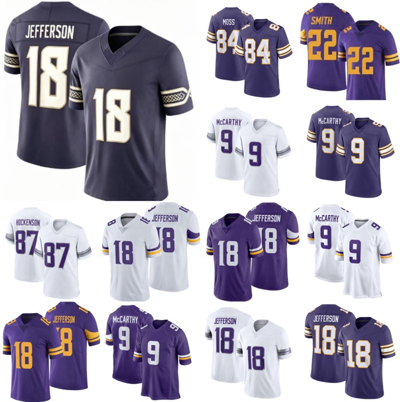 High Quality New J McCarthy Justin Jefferson Football Jerseys Kyler Murray Pace Jr Turner Jones Hockenson Addison Randy Moss Smith Van Ginkel Carter