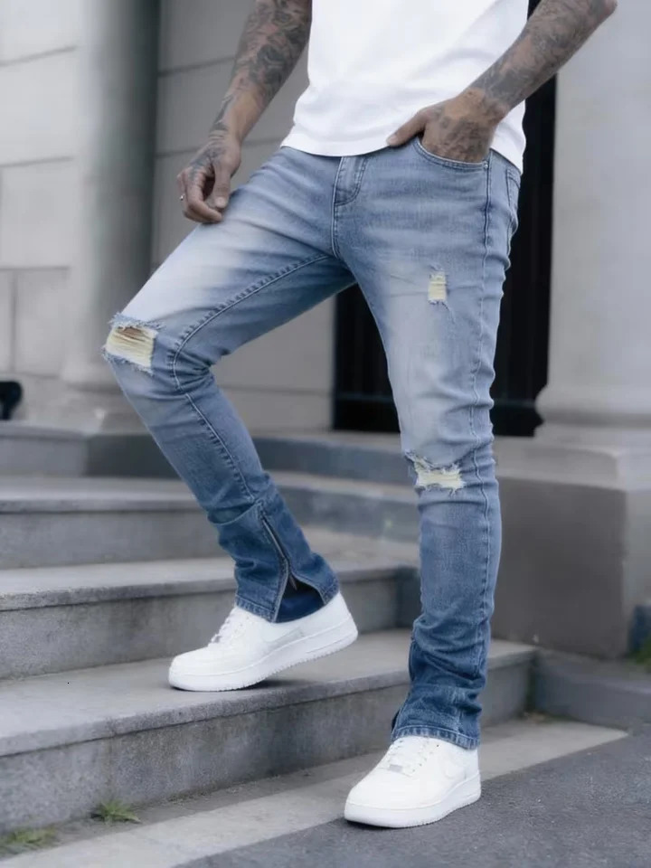 1 Men's Slim Fit Jeans with Zippered Hem and Distressed Knee n Stretch Denim Street Style Pants NonSeeThrough Fabric Suitable 260914