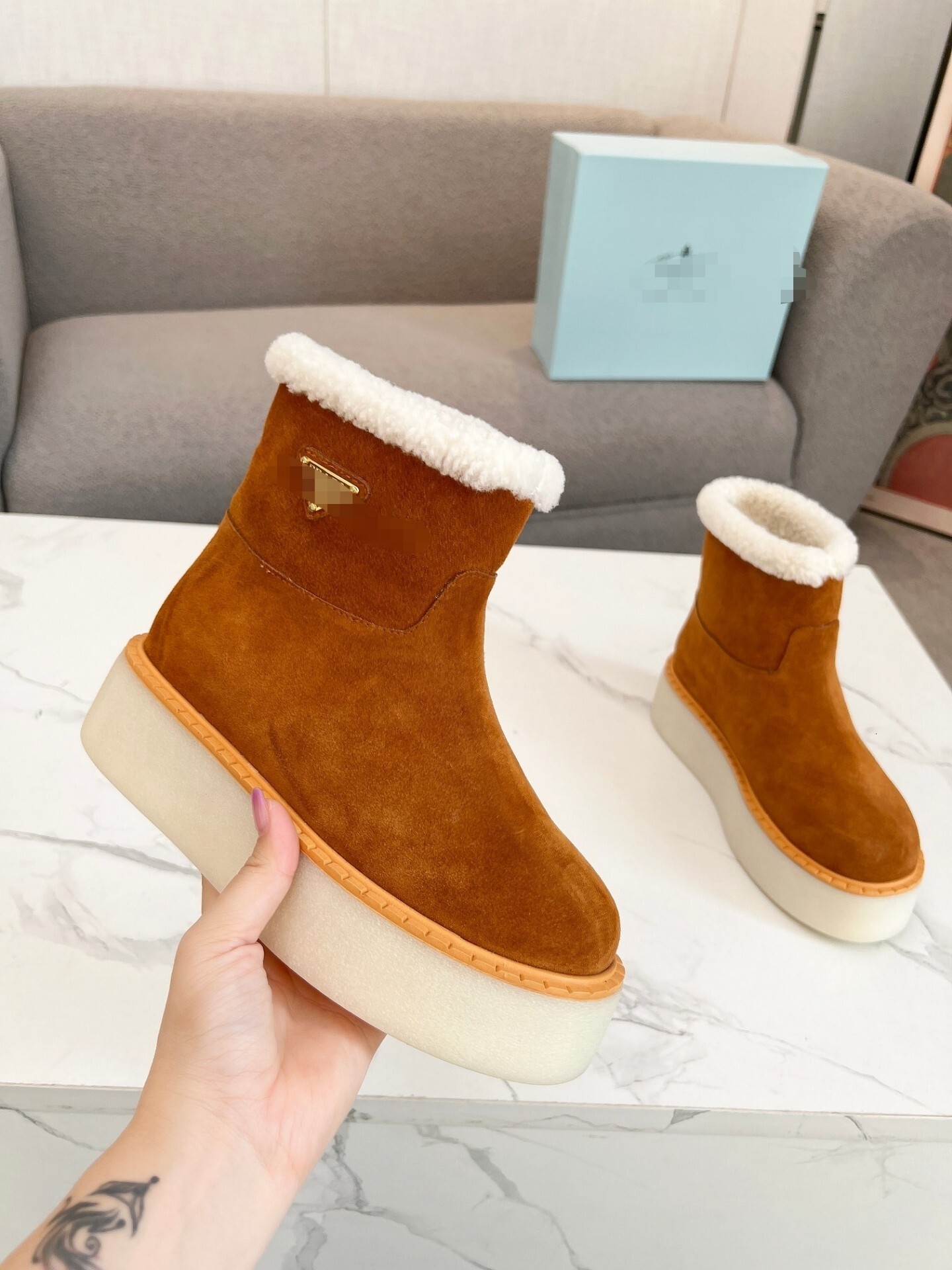 Ankle Booties Luxury Designer Shoe Women Suede Fur Trim Snow Winter Platform Warm Short Slip On Plush Casual Outdoor Walking Chestnut Cold Weather T