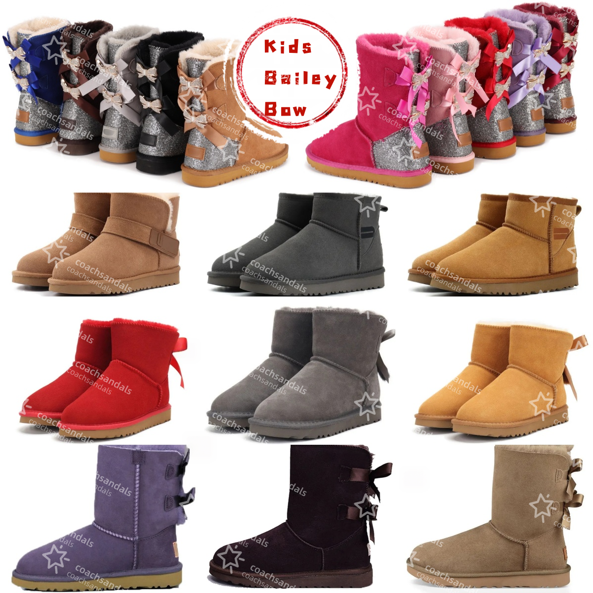 Kids Mini Bailey Classic Bow Designer Bowtie Australia Women Snow Winter Warm Comfort Suede Half Girls Boots Beige Chesut Red Black Pink Boot With B
