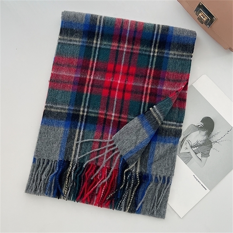 100% Wool Scarf for Women Men British Style Tartan Plaid Cashmere Scarves With Tassel Female Winter Warm Neck Shawl 260831