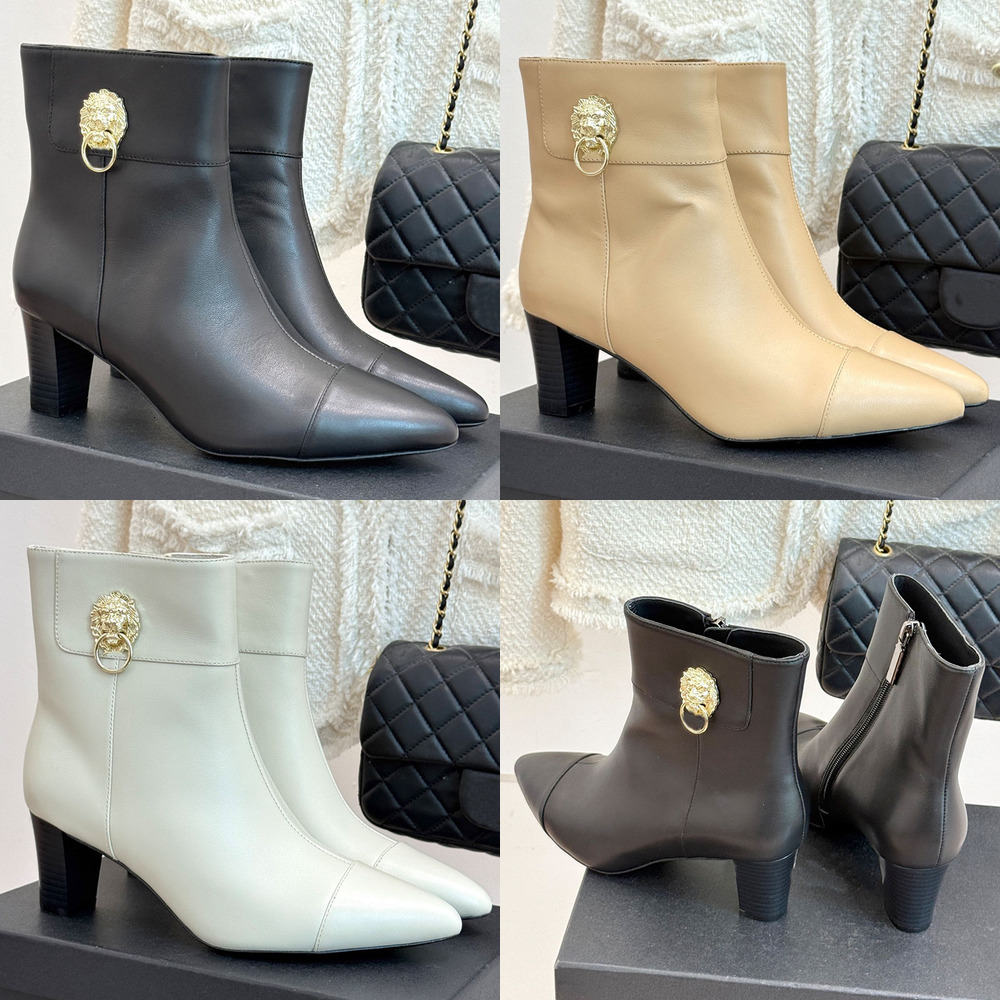 Abito Designer Scarpe di lusso Stivaletti Punta a punta Pelle da donna Tacco largo Cerniera alla caviglia Hardware in metallo Formale Autunno Chic E
