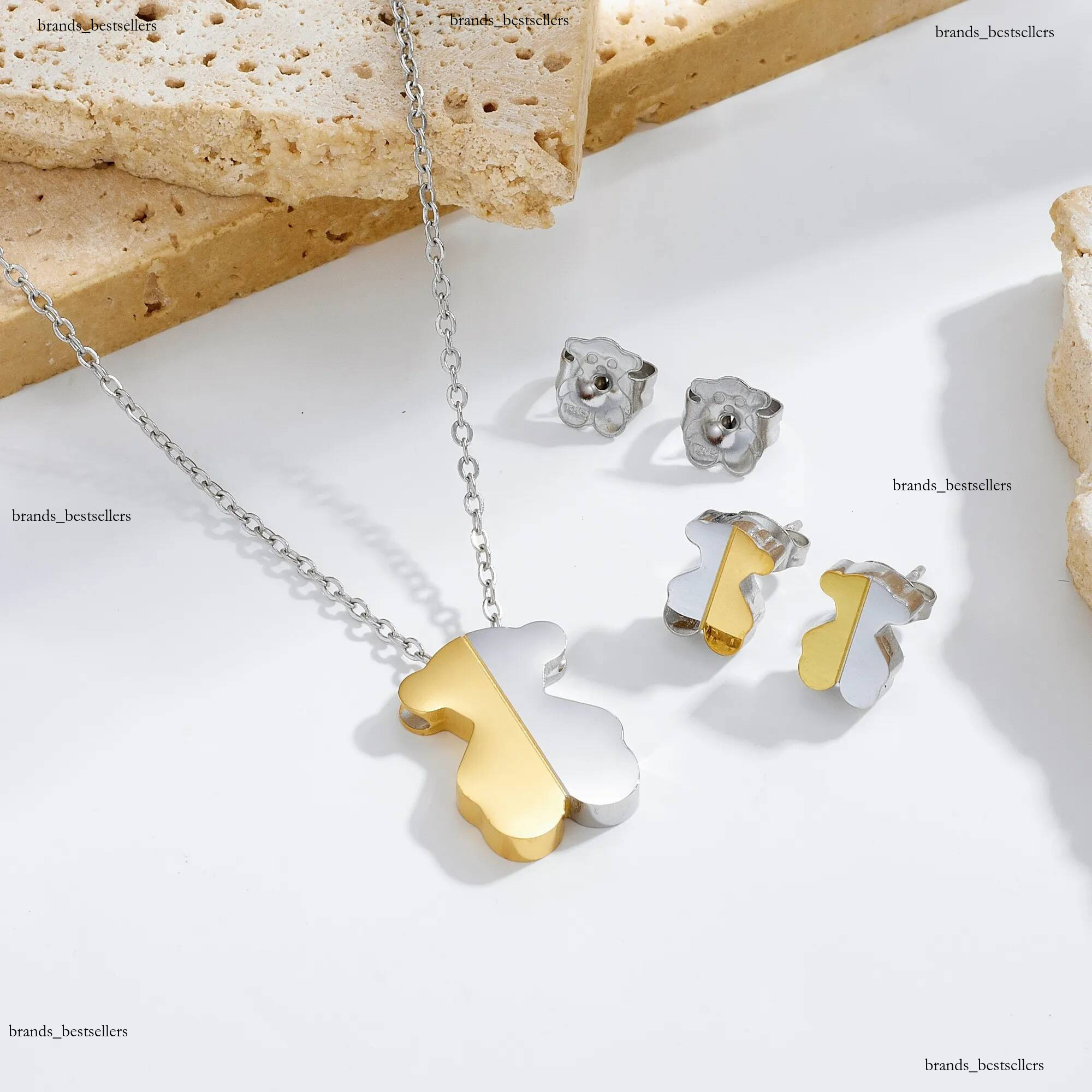 Mode Femmes Filles Argent Or En Acier Inoxydable Span Ours Dessin Animé Animal Creux Coeur Lettre Blanc Rouge Perle Pendentif Boucles D'oreilles