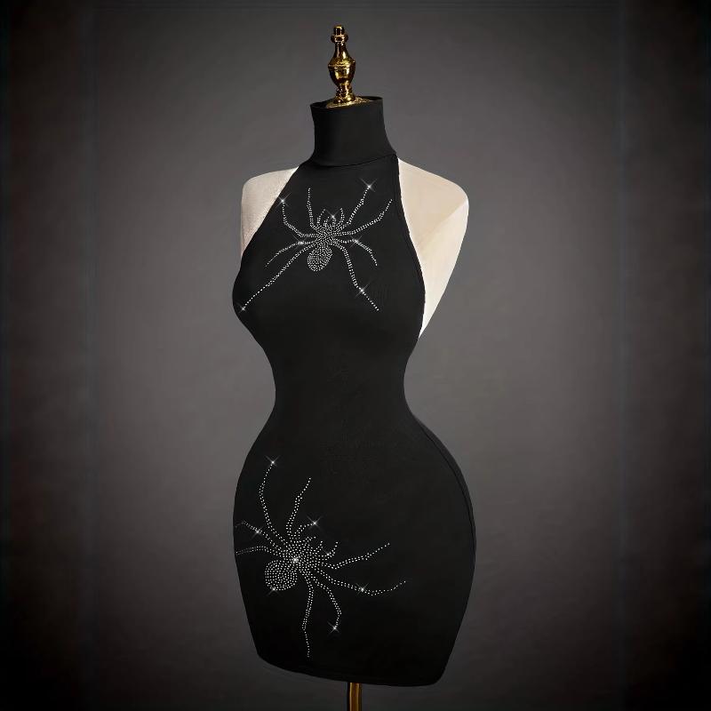 Mini robe moulante noire à strass, col licou, tenue de soirée gothique foncée, Clubwear, Sexy, Slim, courte pour femmes, Streetwear Y2K