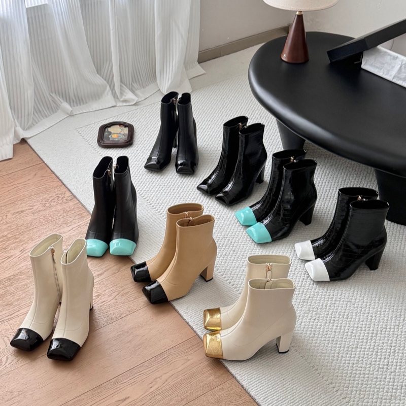 Designer Heels High Quality Fashion Luxury Short Boots Women's Color blocked Square Toe Ankle Boots Mid Heel Zipper Short Boots Elegant Dress P