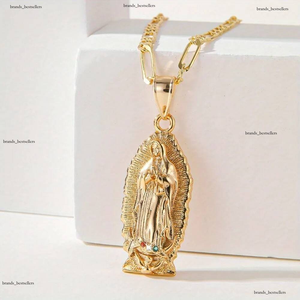 Collier avec pendentif en émail de la Vierge Marie Guadalupe, plaqué or, chaîne Figaro, bijoux inspirés de la foi pour femmes et hommes