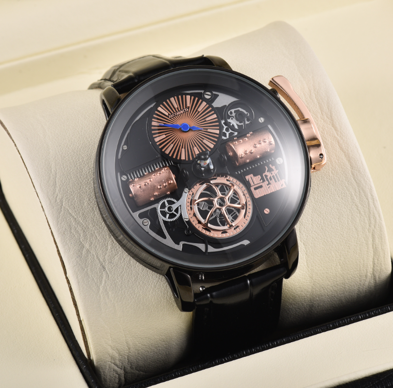 Modieus Tsjechisch luipaard steampunk herenhorloge met grote wijzerplaat en retro peetvaderinspiratie, zakelijk feesthorloge voor heren, lederen ban