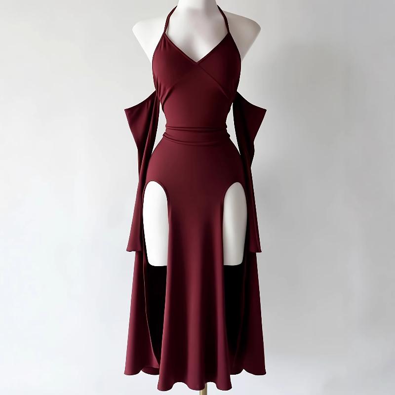 Robe mi-longue gothique dos nu pour femme, col en V profond, découpe, fente haute, moulante, élégante, dos nu, sans manches, tenue de soirée, clu