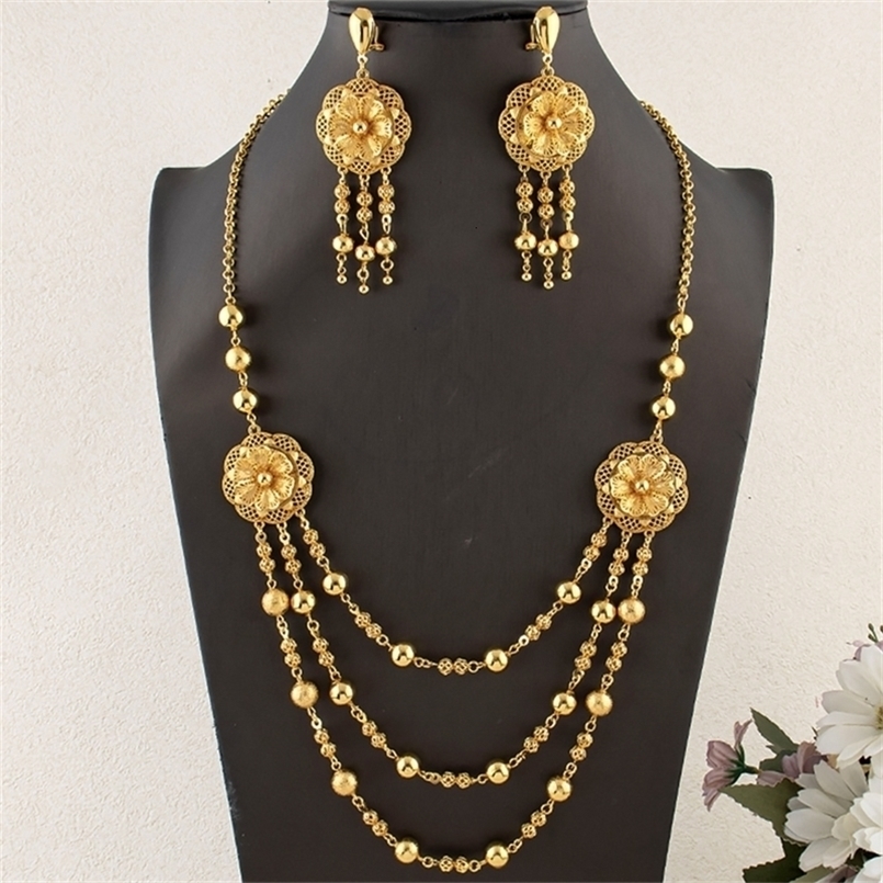 Beaded Multi-Chain Necklace Tassel Earrings Dubai Nigeria Gold-plated Jewelry Set Bride Wedding Accessories for Ladies Gifts 260831