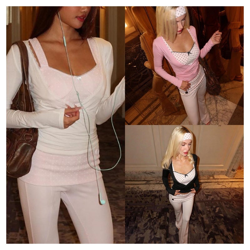 Haut court à nouer soi-même pour femme, col en V, garniture en dentelle, manches longues, Slim, ajusté, Y2K, haut basique tendance pour les sorti