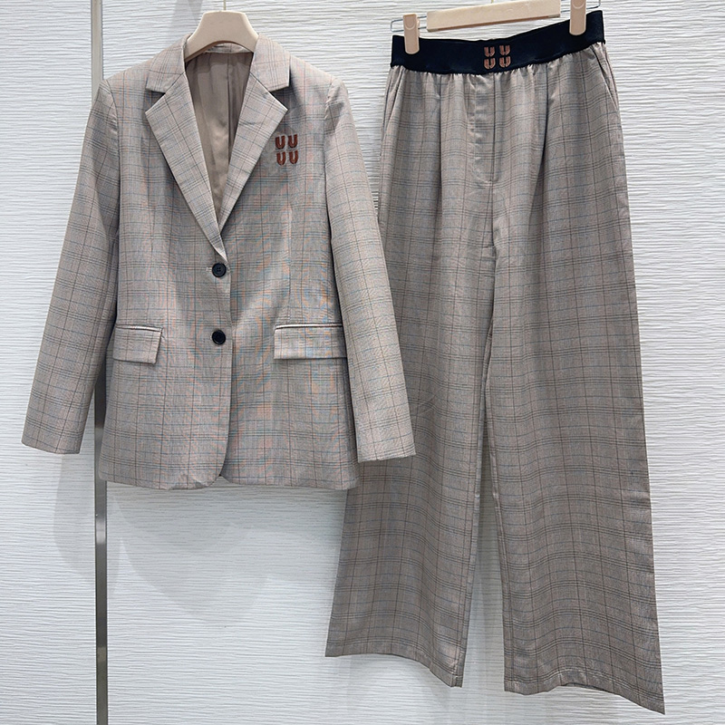 Women Plaid Loose Lapel Jacket Elastic Wide Leg Pants Outfit Luxury Button Suit Jackets Pants College Style Office Versatile Pants Set