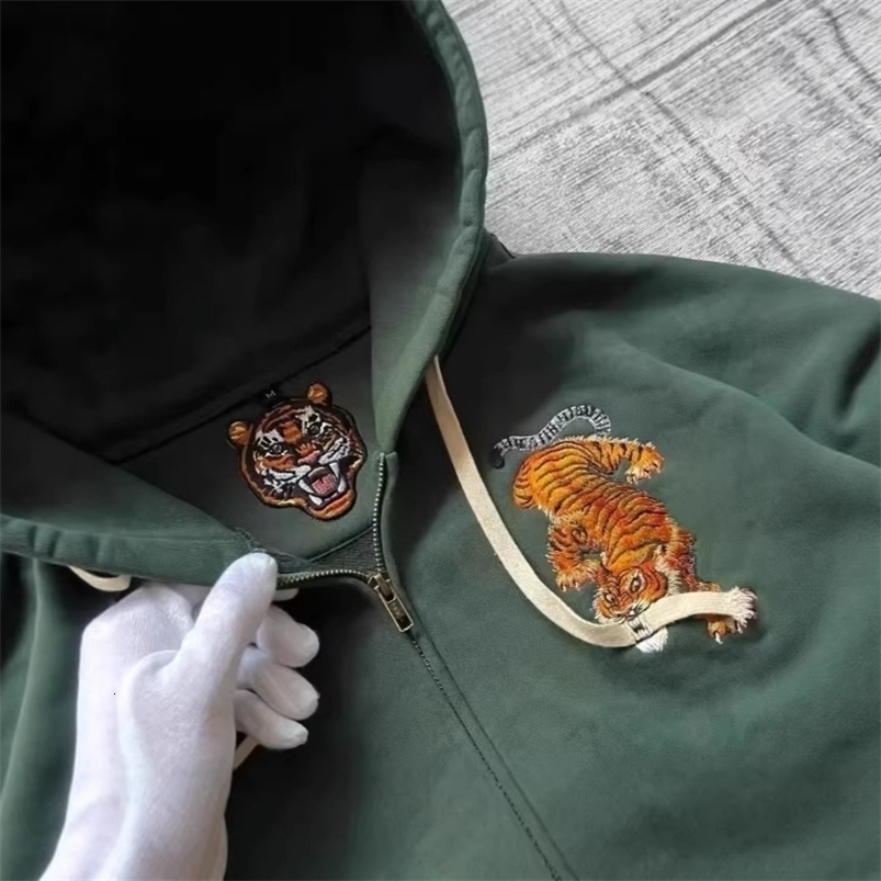 American Retro Tiger Embroidery Zip Hoodies Man Spring Loose Street Style Casual Long Sleeve Tops Female Daily Fashion Outerwear 260916